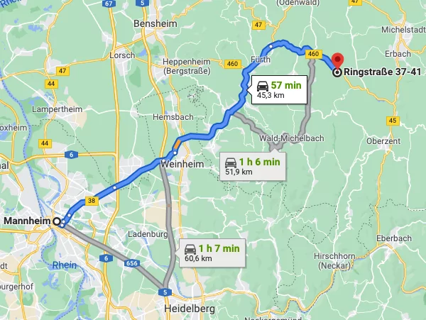 Anfahrt von fensterwelt nach Mannheim