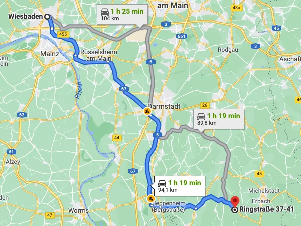 Anfahrt von Wiesbaden zu Bechtold GmbH & Co. Fenster KG in Mossautal