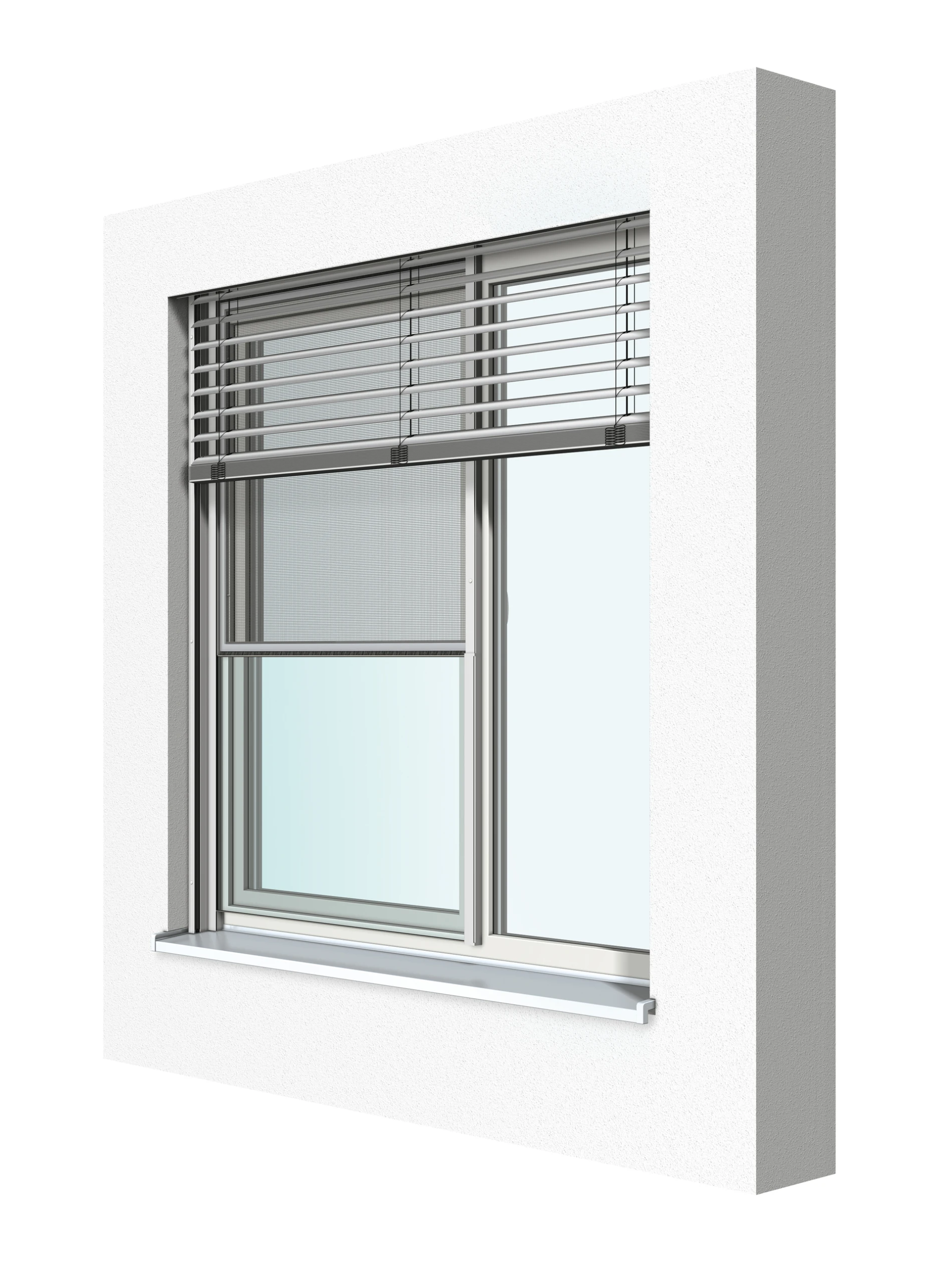 Moderne Fenster mit Jalousien in einem weißen Rahmen