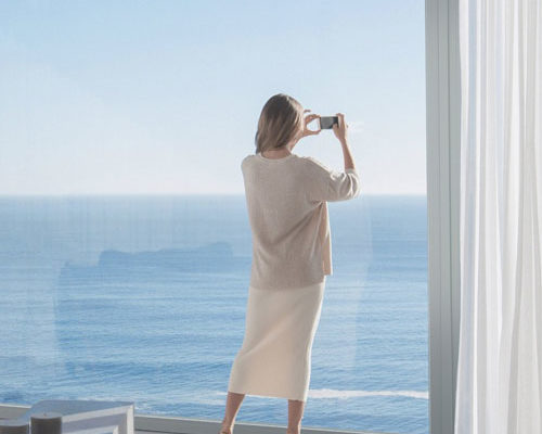 Eine Frau mit dem Blick aufs Meer vor einem Fenster mit einem sehr hohen Glasfaseranteil und dem Faserverbundwerkstoff RAU-FIPRO X
